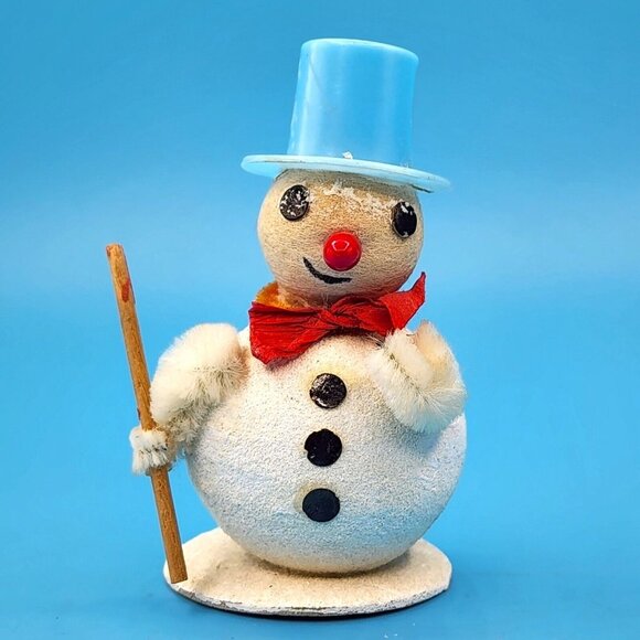 Vintage 1950s Putz Snowman Japan Spun Cotton Mica Snow Blue Hat Chenille Arms - Picture 2 of 8